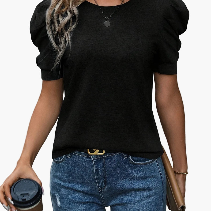Damen Elegantes Kurzarm T-Shirt mit Puffärmeln – Alltag & Büro