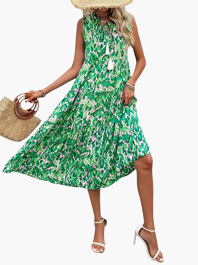 Damen Boho A-Linien Sommerkleid ärmellos – Luftiges Freizeitkleid mit Allover-Print und Quasten