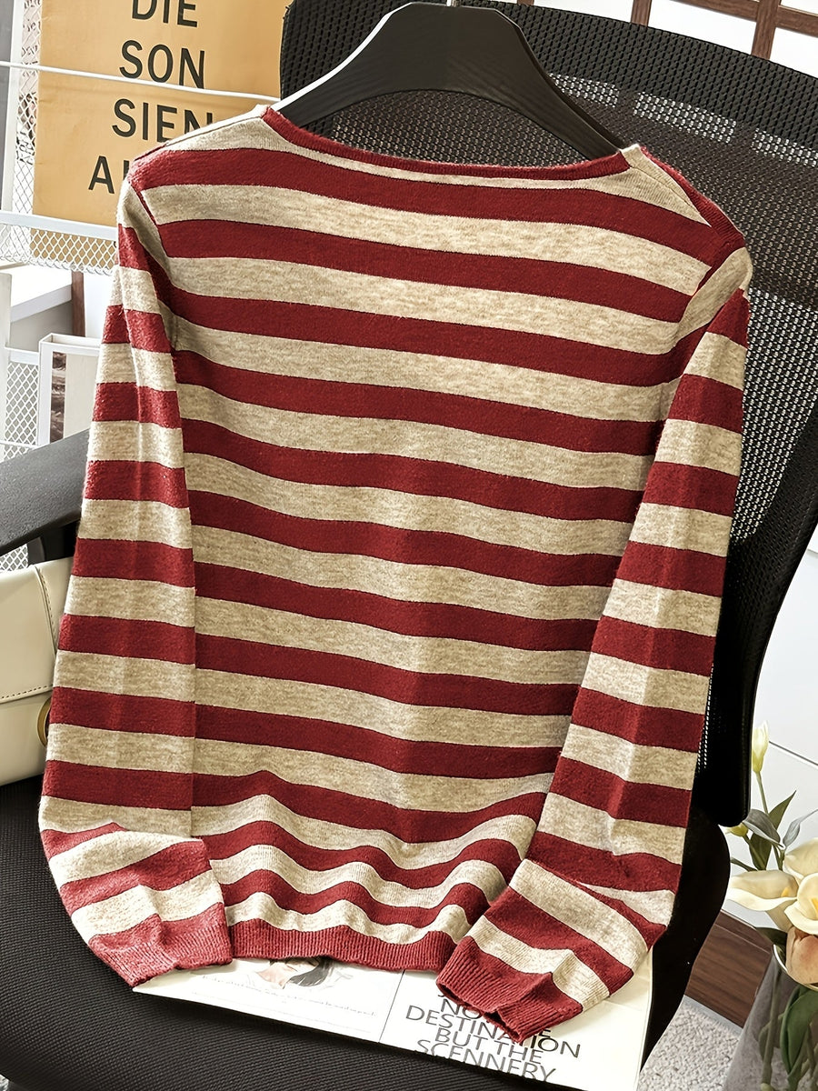 Damen Pullover Gestreift V-Ausschnitt Langarm Strick