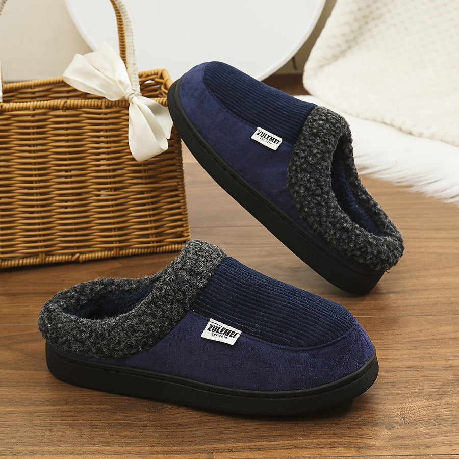 Unisex Winter Hausschuhe gerippt mit Plüschfutter in Blau, Grau, Beige