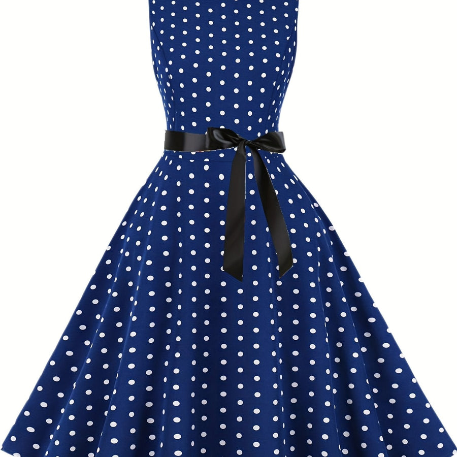 Damen Vintage Rockabilly Polka Dots Kleid mit Schleifen-Gürtel, Elegant, Ärmelos, Festlich & Alltag