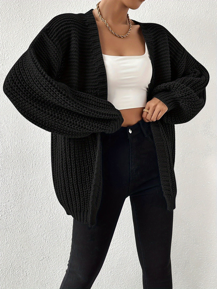 Damen Strickjacke Schwarz Offen Grobstrick Ballonärmel