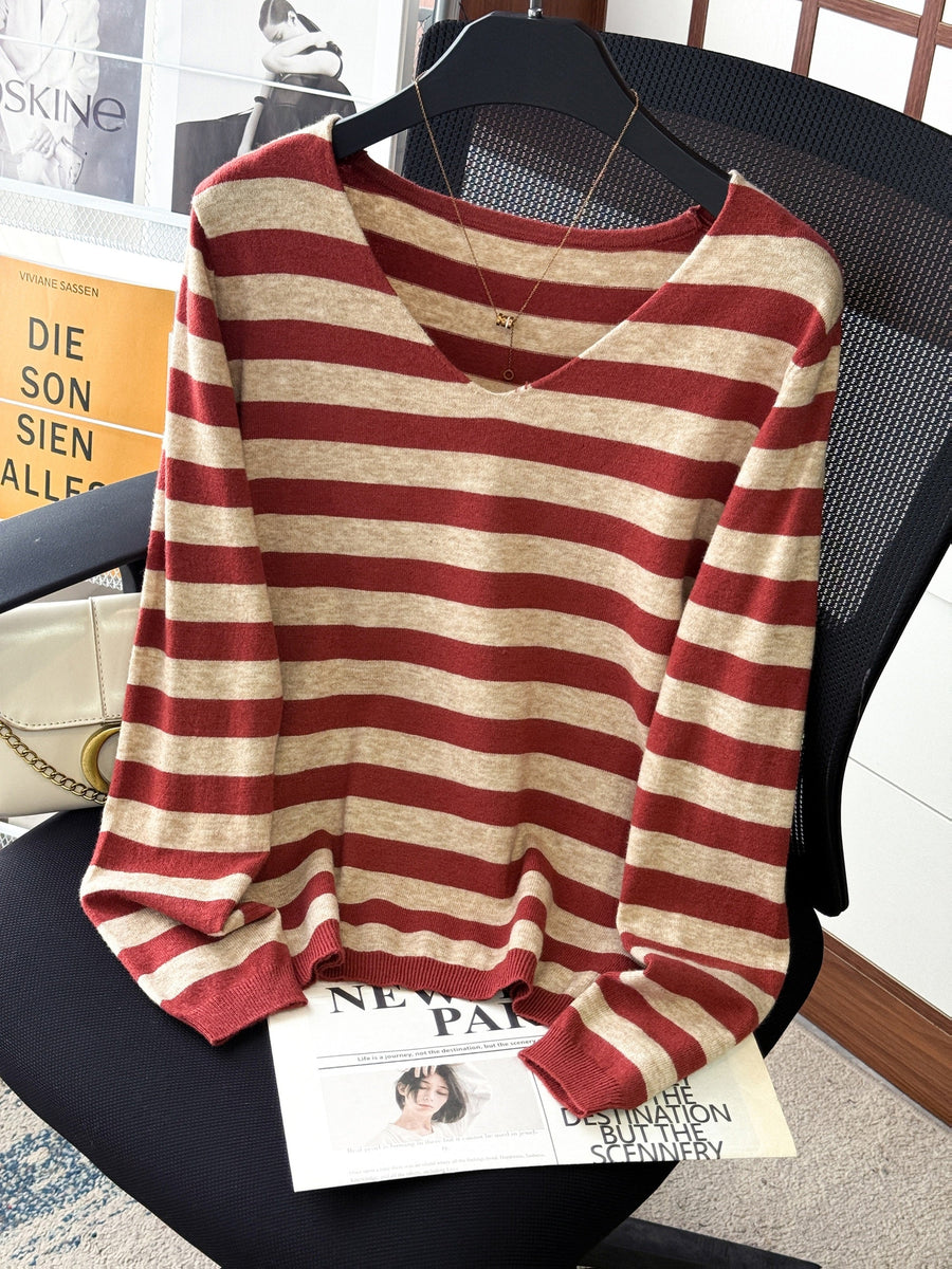 Damen Pullover Gestreift V-Ausschnitt Langarm Strick