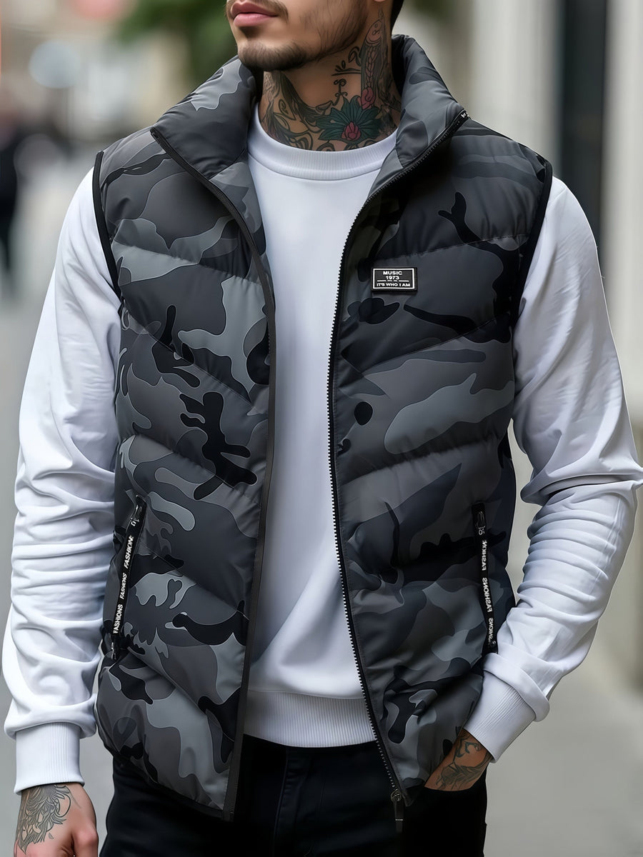 Unisex Camouflage Weste Stehkragen Gesteppt Gefüttert Reißverschluss Outdoor Alltagsmode