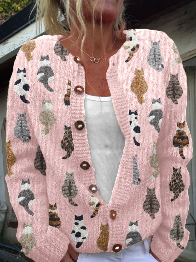 Dames gebreid vest met kattenpatroon en knoopsluiting