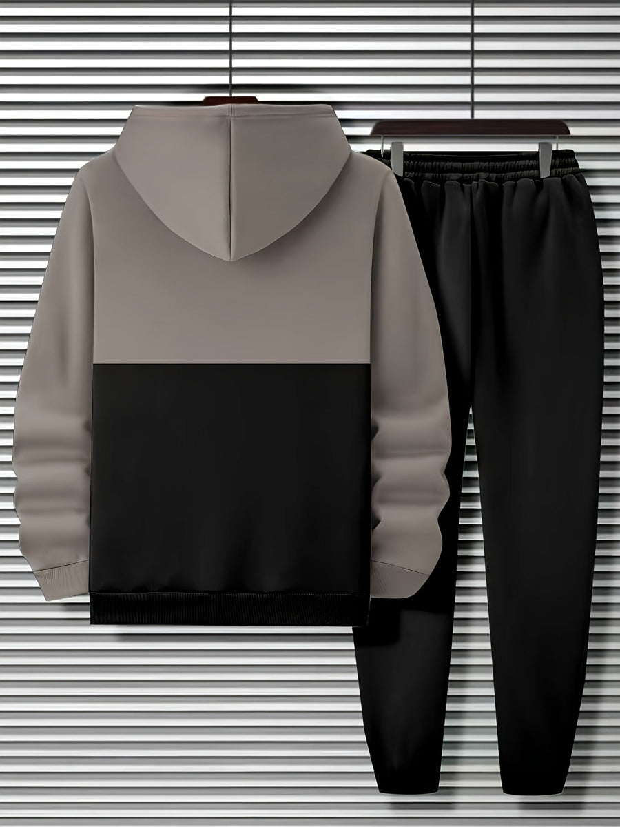 Herren Trainingsanzug Hoodie & Jogginghose Zweiteiler Grau Schwarz mit Streifen