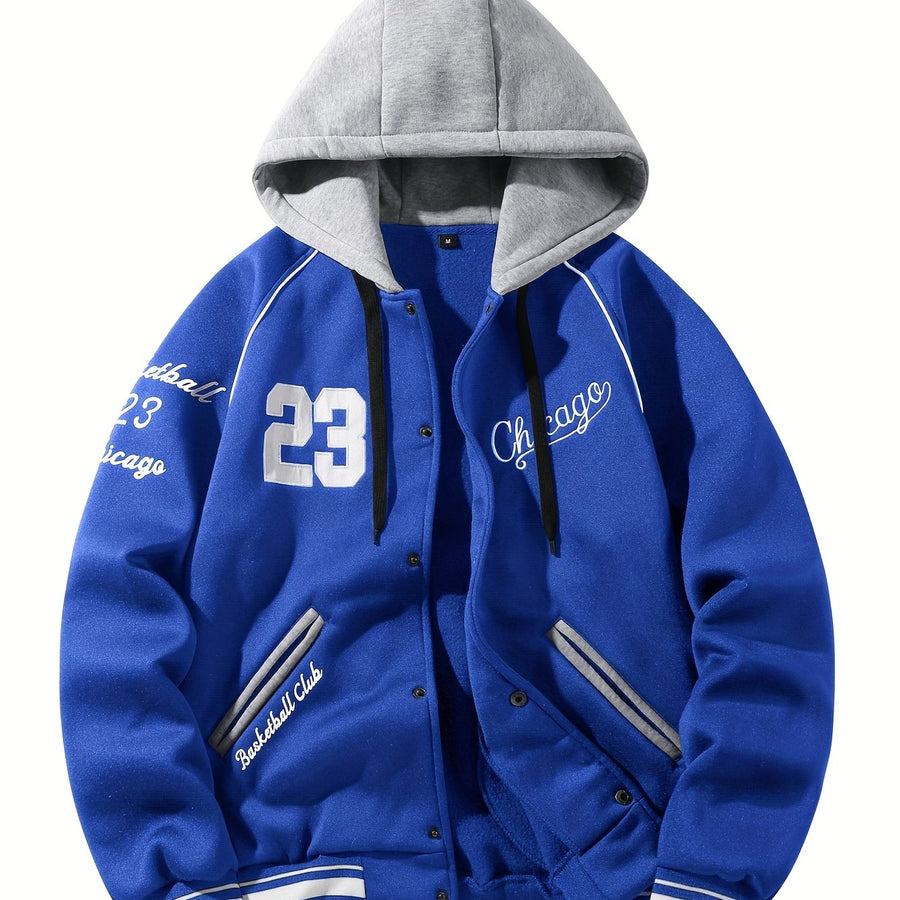 Unisex Kapuzen Sweatshirt Jacke mit Knopfleiste Varsity Style