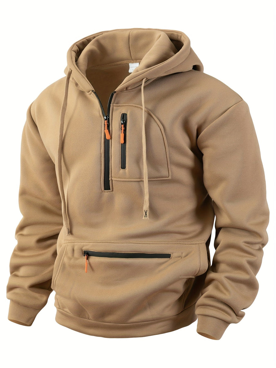 Herren Hoodie mit Reißverschluss und Bauchtasche, Kordelzug Kapuzenpullover
