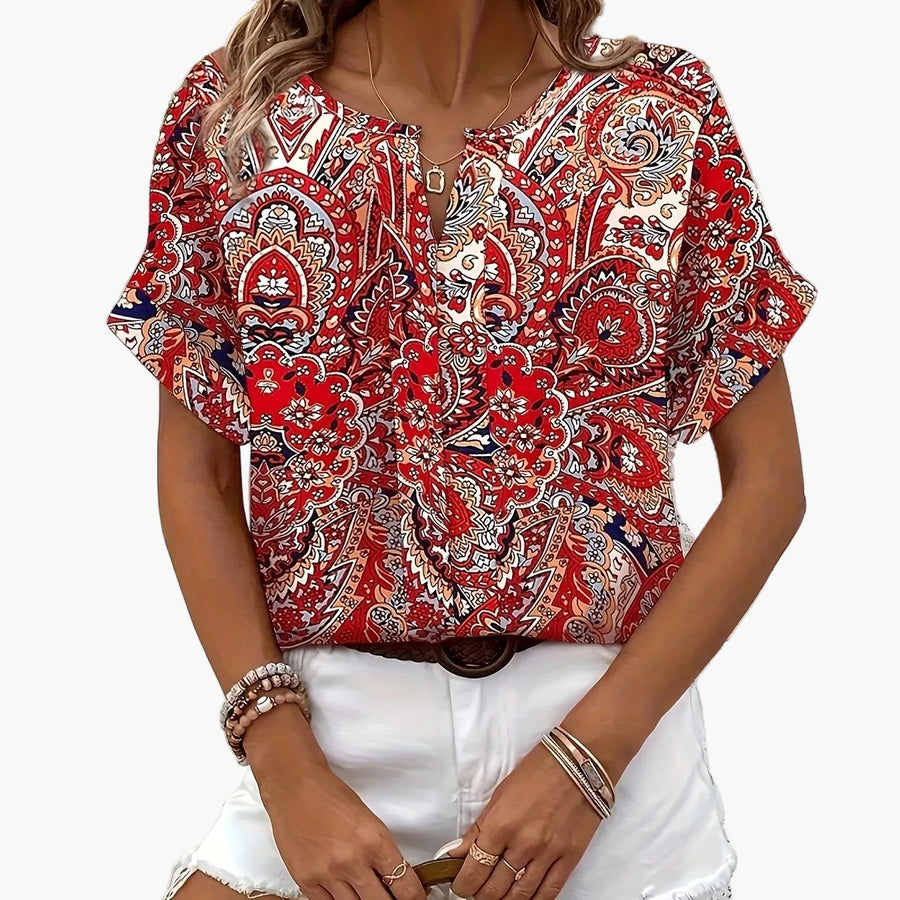 Damen Elegante Kurzarm-Bluse mit Modernem Print – Perfekt für Freizeit und Alltag