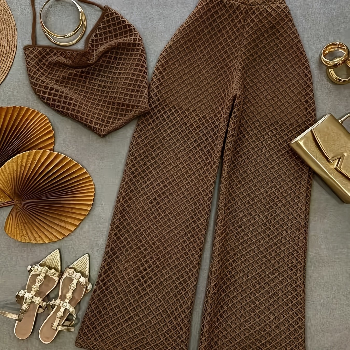 Damen Zweiteiler Set – Elegantes Netz-Top und Weitbeinige Hose für Urlaub & Strand