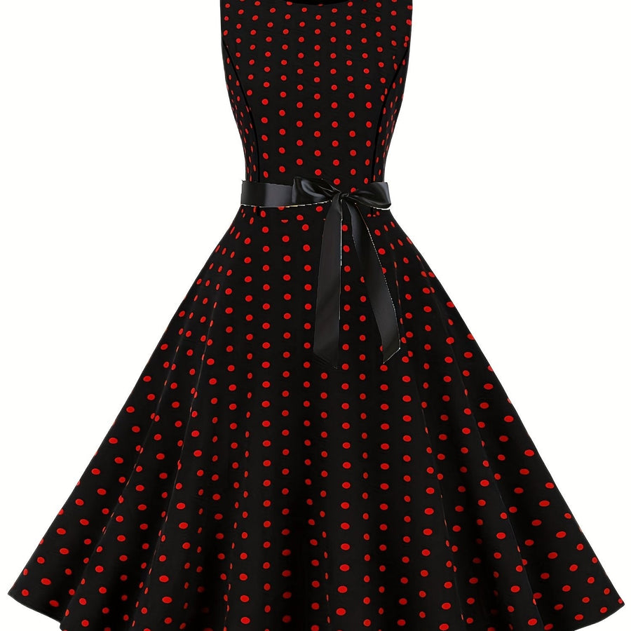 Damen Vintage Rockabilly Polka Dots Kleid mit Schleifen-Gürtel, Elegant, Ärmelos, Festlich & Alltag