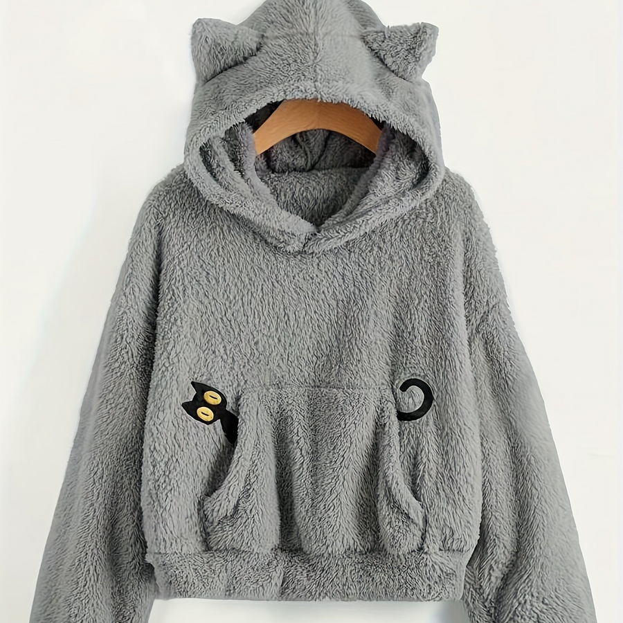 Flauschiger Kapuzenpullover mit Katzenohren und Kängurutasche für Damen