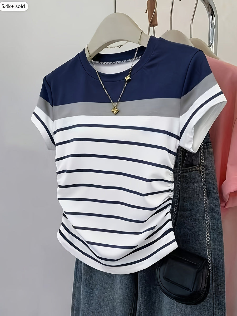 Damen T-Shirt im Streifen-Design mit modischen Raffungen – Perfekt für Freizeit und Alltag