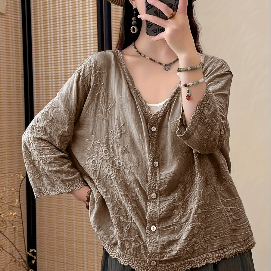 Damen Bluse Langarm V-Ausschnitt Bestickt mit Knopfleiste und Spitze