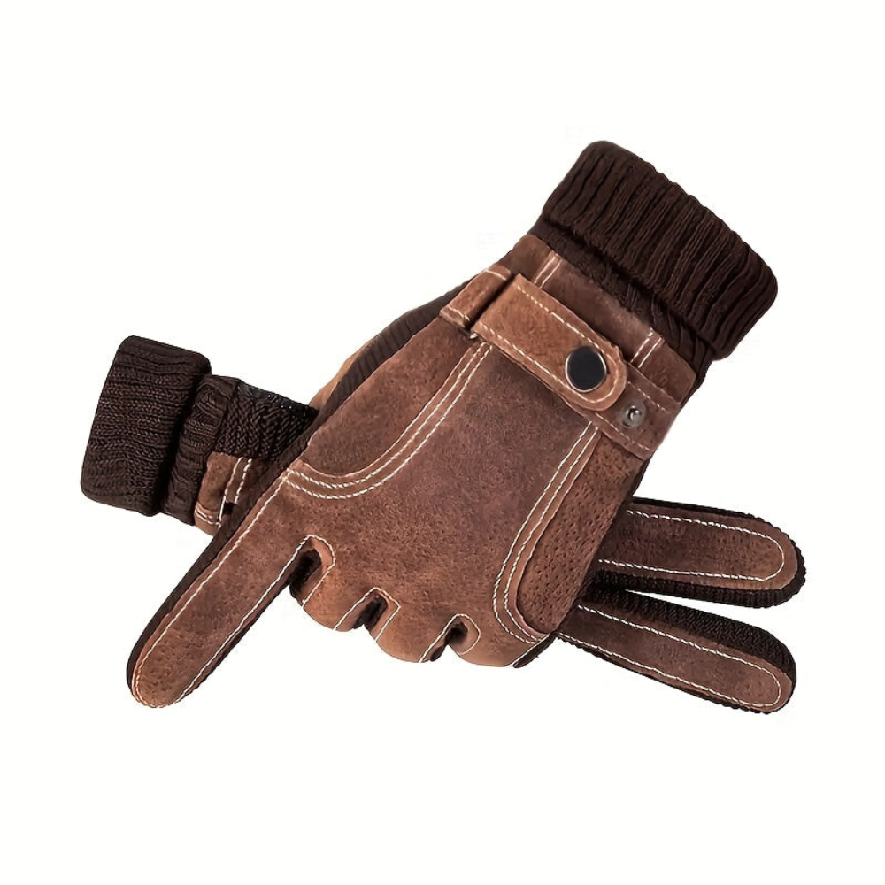 Unisex Halbfinger-Handschuhe mit Strickbündchen, Ziernähten und Druckknopf