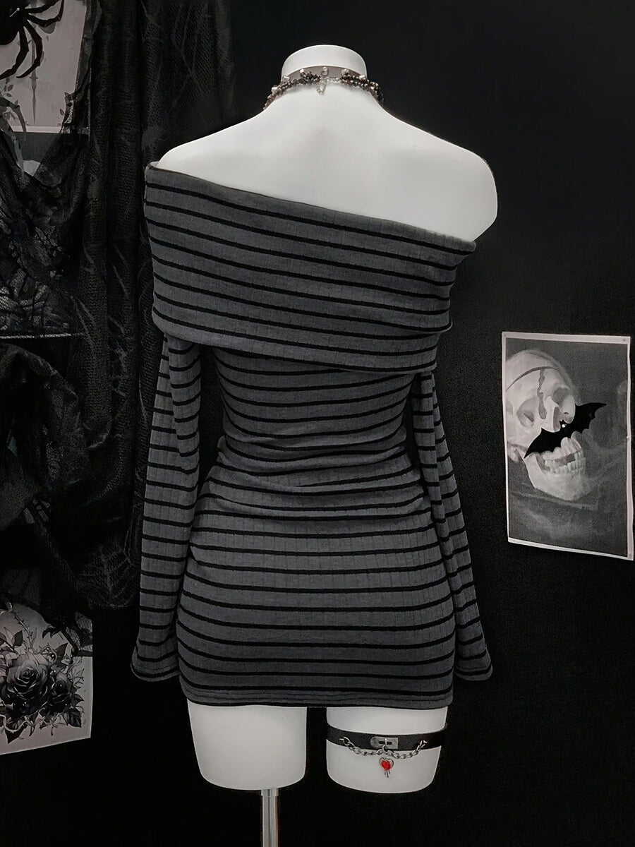 Damen Off-Shoulder Minikleid gestreift langärmlig körperbetont gerippt