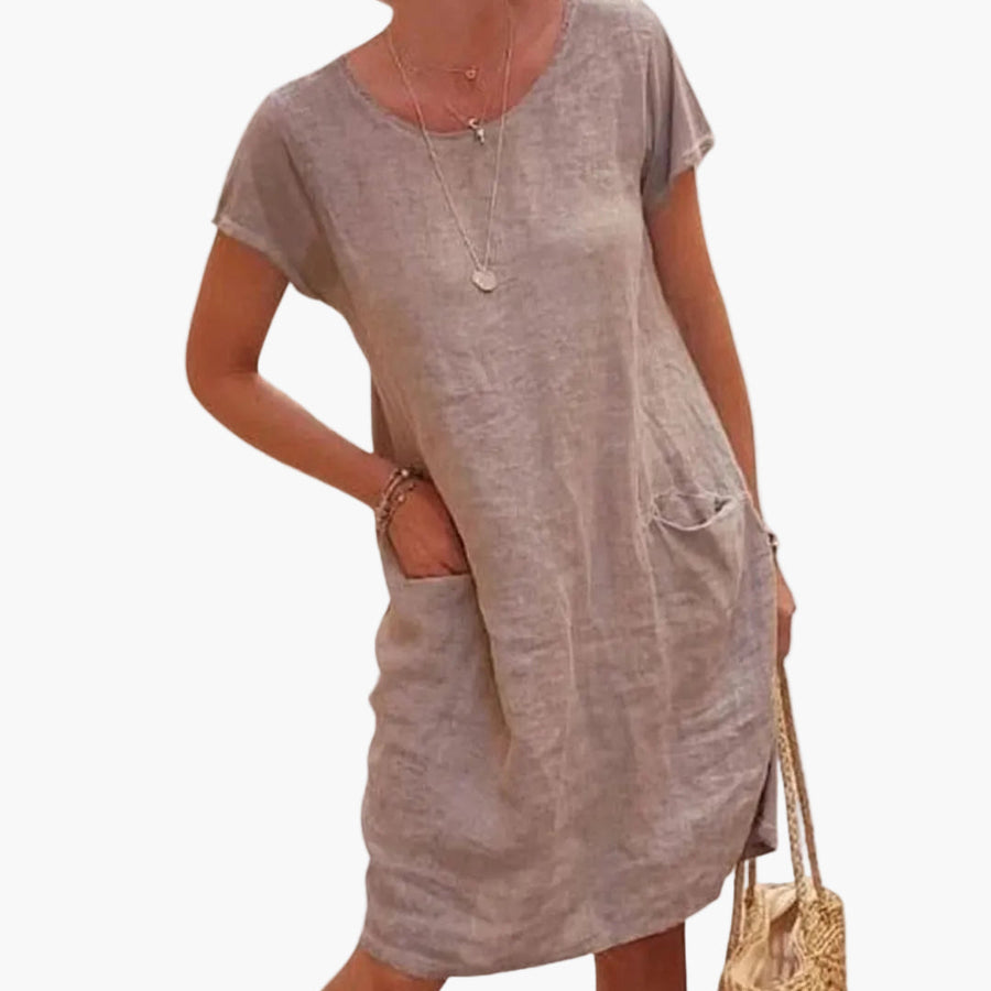 Damen Veganes Leinen Sommerkleid mit kurzen Ärmeln und Taschen – Lässiges Freizeitkleid für Urlaub und Alltag