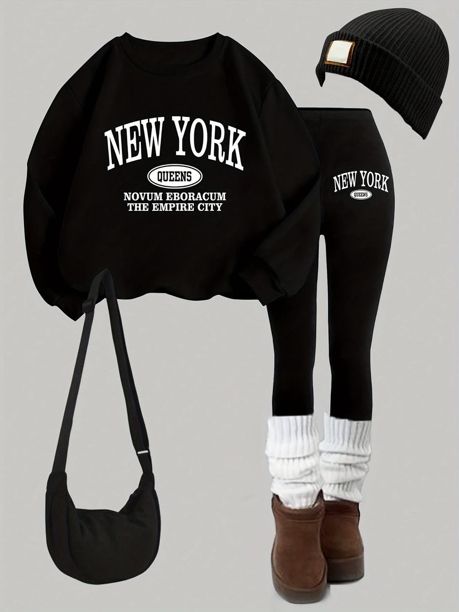Damen Trainingsanzug Set Sweatshirt & Leggings New York Queens Print Schwarz