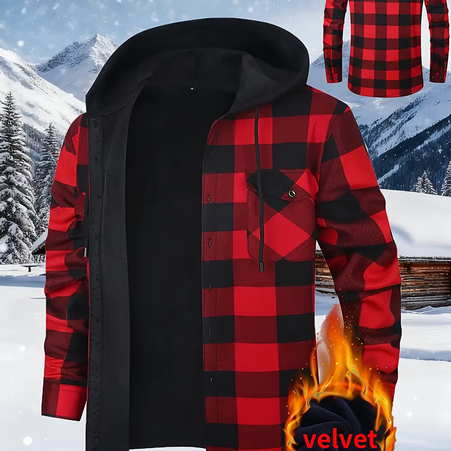 Herren Kariertes Flanell Hemd Jacke mit Kapuze und warmer Fütterung