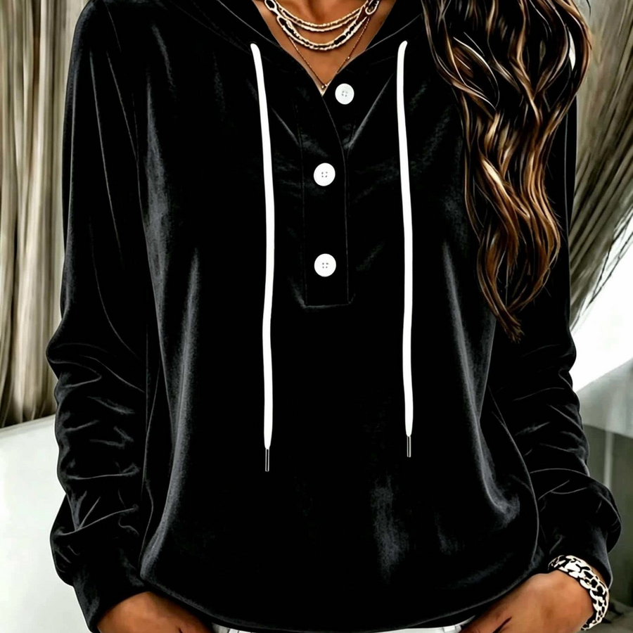 Damen Hoodie Samtoptik mit Kapuze und Knopfleiste, Langarm Sweatshirt Freizeitoberteil