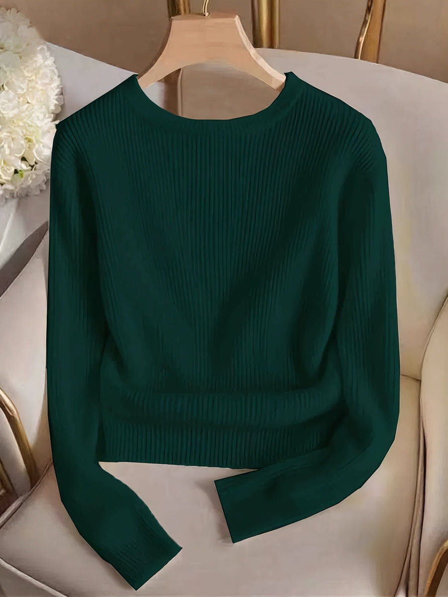 Damen Rippstrick Pullover Rundhalsausschnitt Langarm mit Zierknöpfen