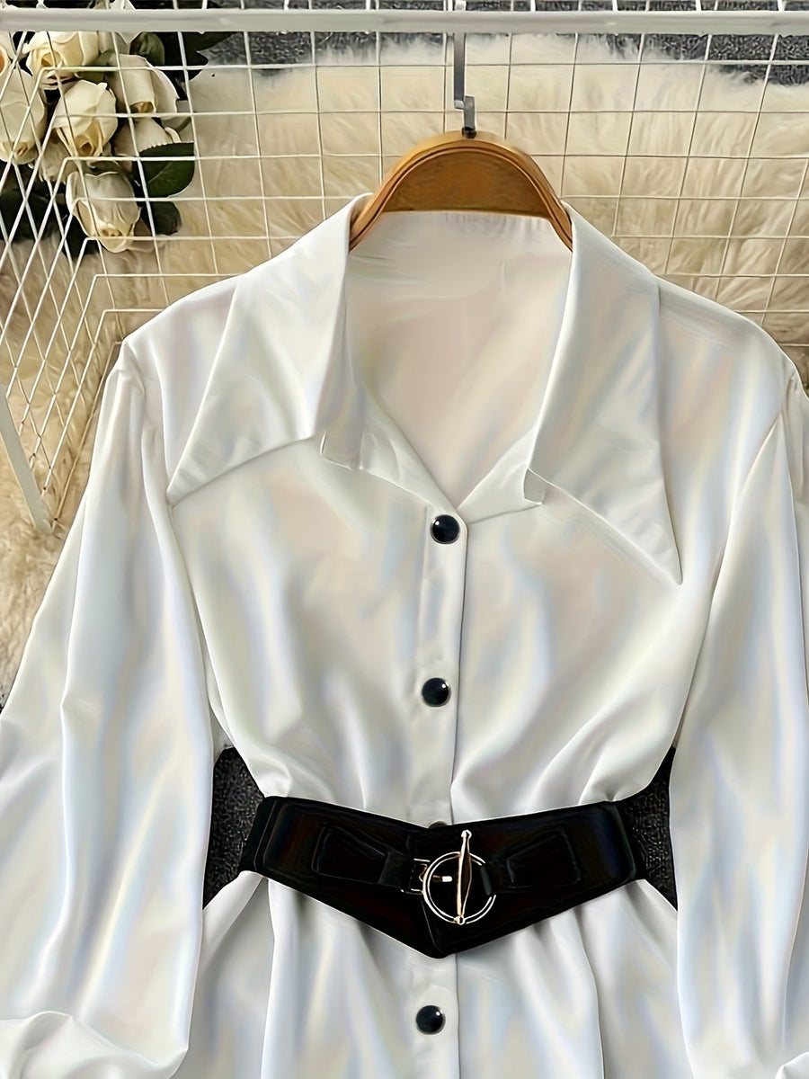 Damen Bluse Langarm Hemdkragen Weiß Weite Ärmel Gürtel