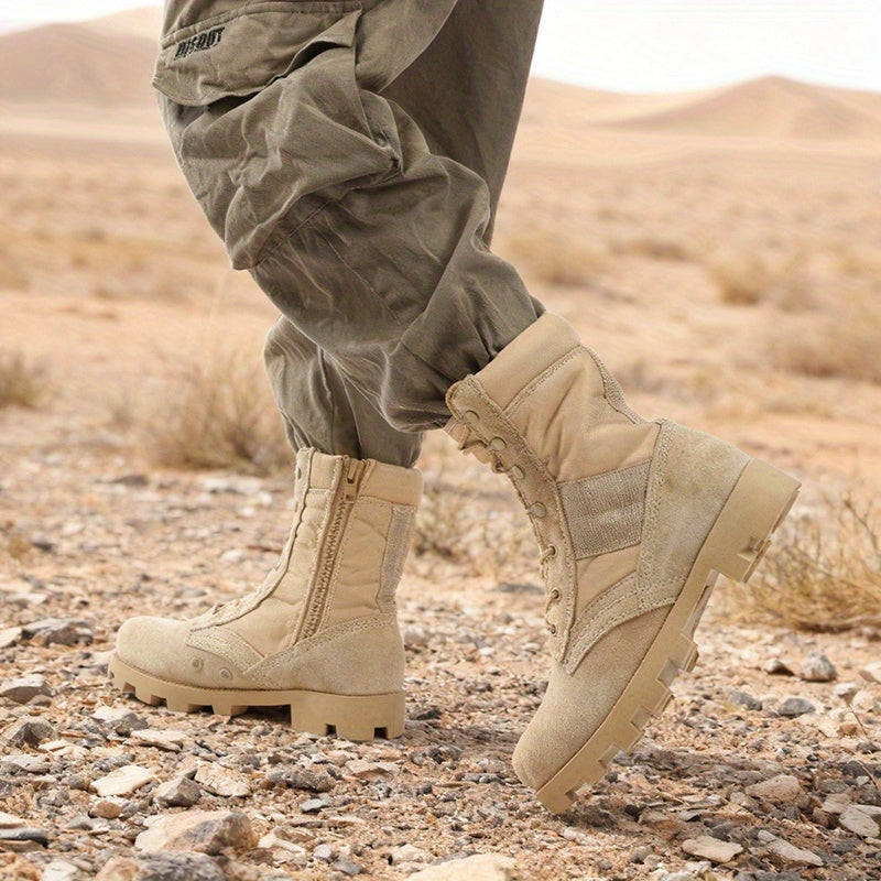 Unisex Schnürstiefeletten Beige mit Reißverschluss, Robuste Sohle