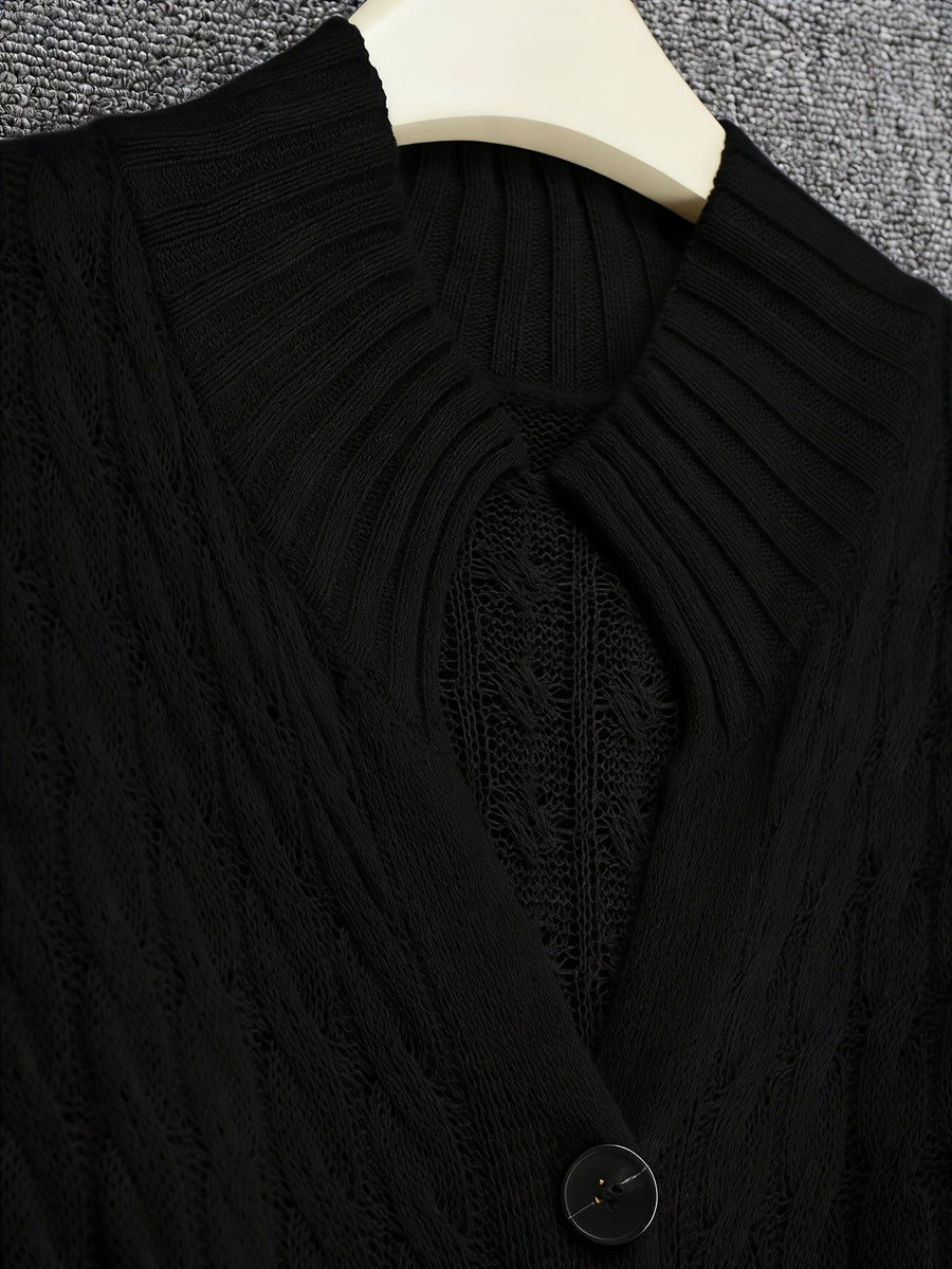 Damen Strickkleid Weste Maxi Ärmellos Knopfleiste Kabelmuster Stehkragen