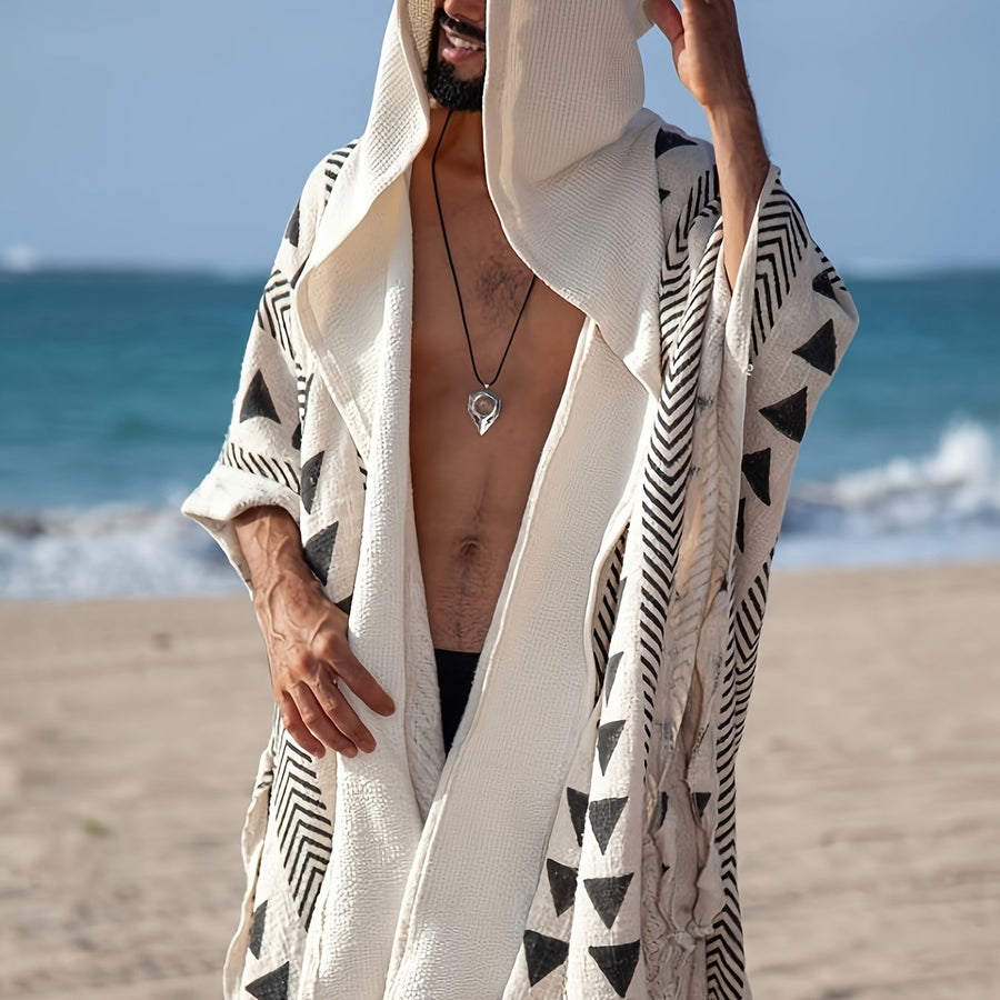 Herren Boho Poncho mit Kapuze und geometrischem Muster – Strand & Festival Überwurf
