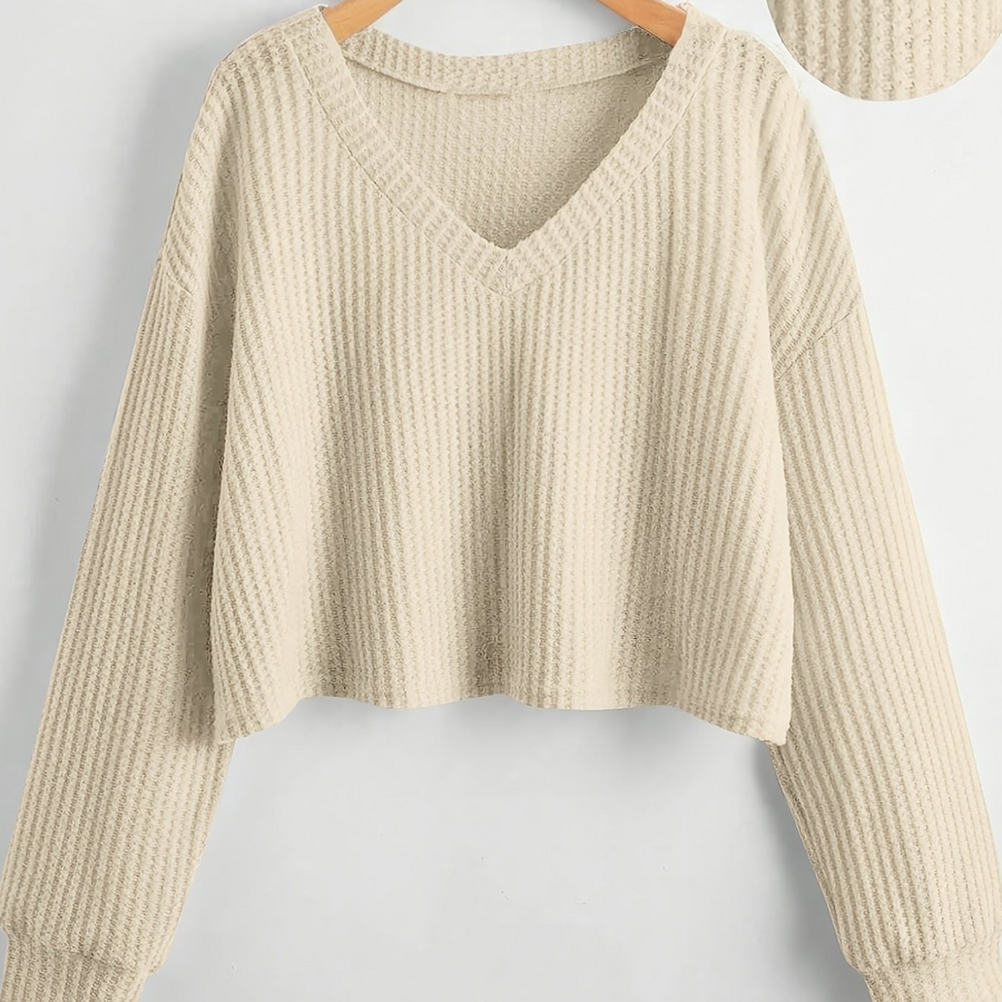 Damen Crop Top Strickpullover V-Ausschnitt Waffelstruktur Langarm