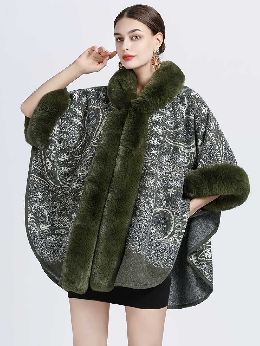 Damen Cape mit Kapuze, Pelzbesatz und Muster – Gemütlicher Umhang
