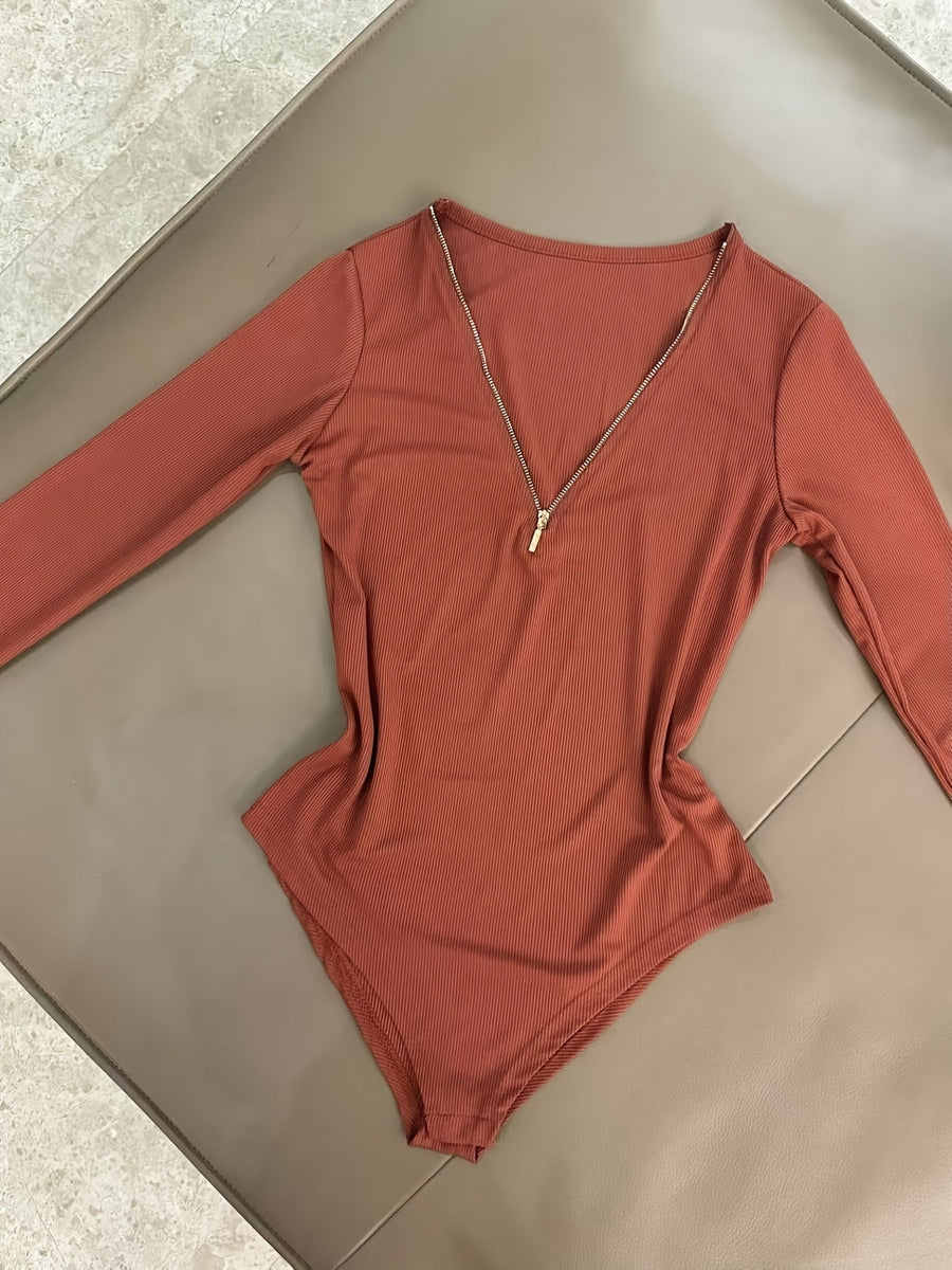 Damen Langarm Body Rippstrick mit Reißverschluss