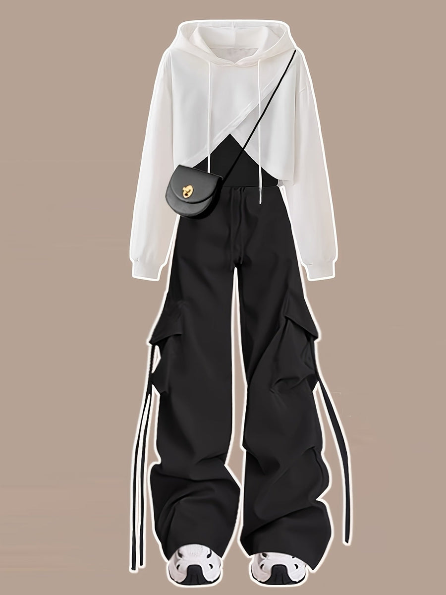 Damen zweiteiliges Set, Crop Hoodie und Cargohose, Schwarz-Weiß, locker geschnitten