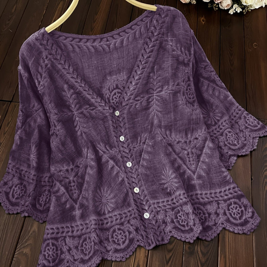 Damen Bluse Stickerei Knopfleiste V-Ausschnitt Tunika Oberteil Langarm Blusen