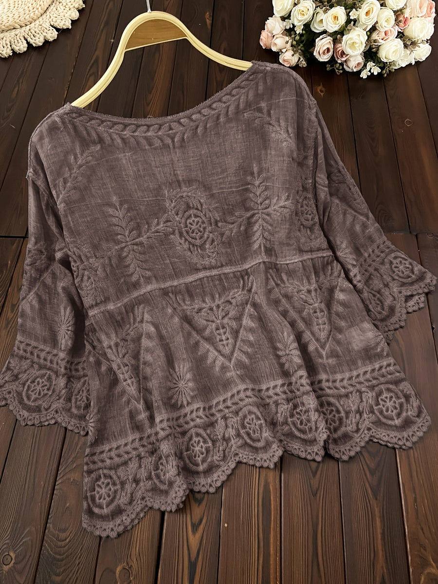 Damen Bluse Stickerei Knopfleiste V-Ausschnitt Tunika Oberteil Langarm Blusen