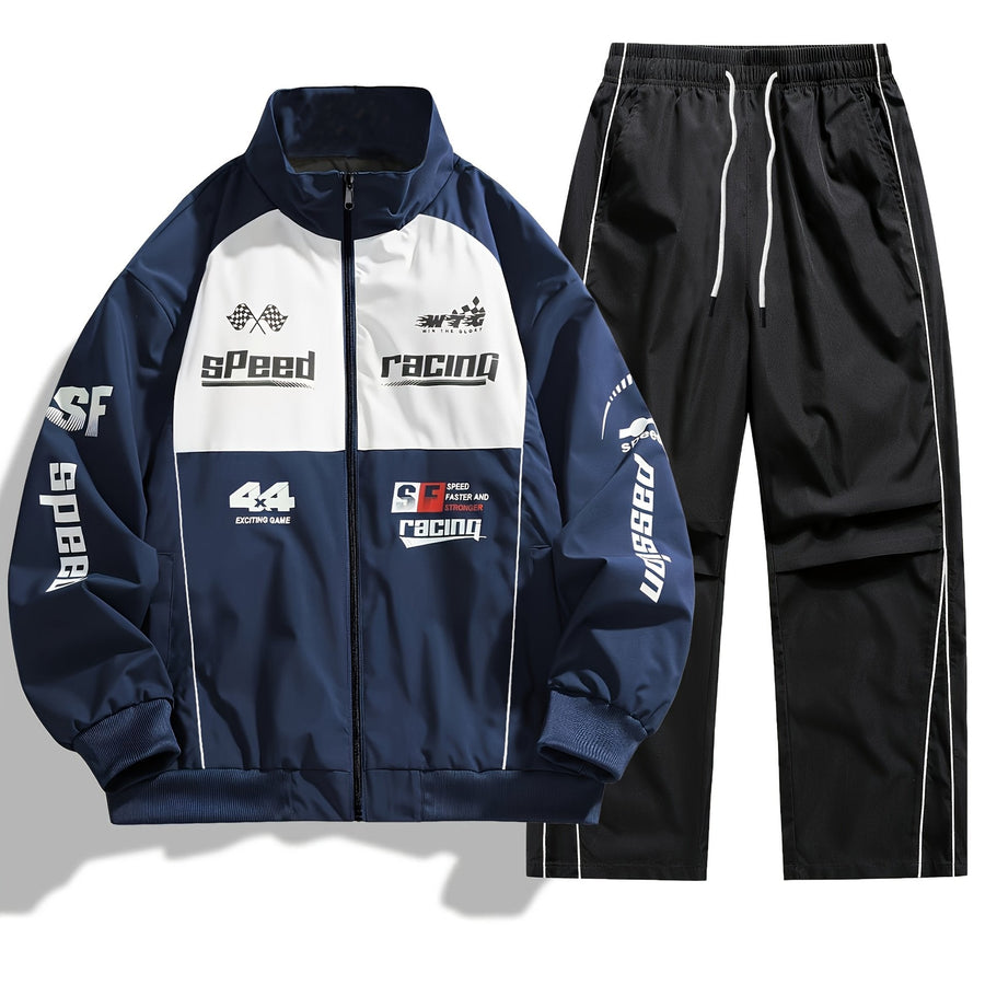 Unisex Racing Trainingsanzug mit Reißverschluss Jacke & Hose - Sportlicher Jogginganzug mit Aufdruck