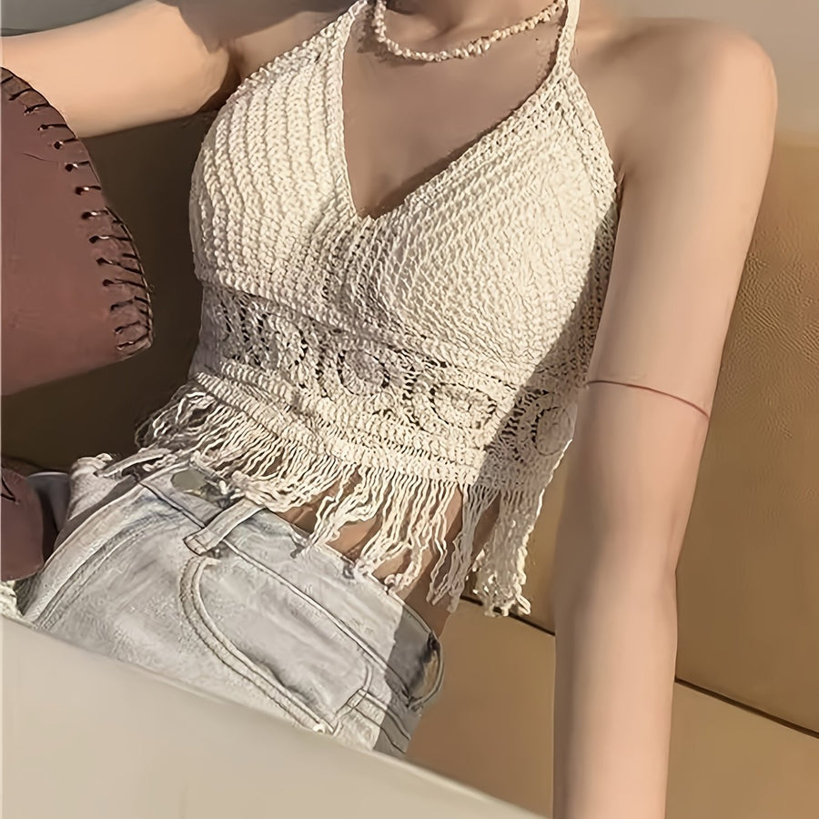 Damen Häkel-Halftertop im Boho-Stil für Sommer und Festivals