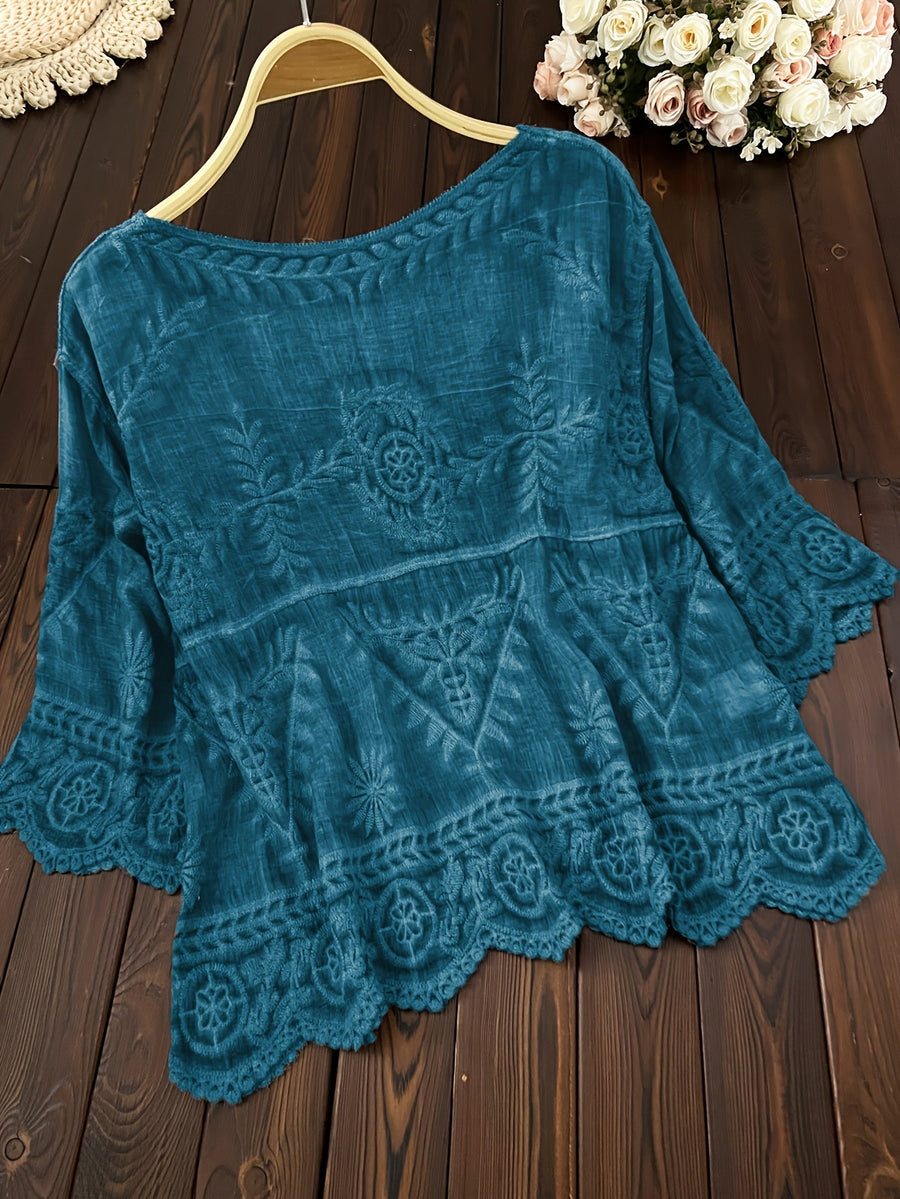 Damen Bluse Stickerei Knopfleiste V-Ausschnitt Tunika Oberteil Langarm Blusen