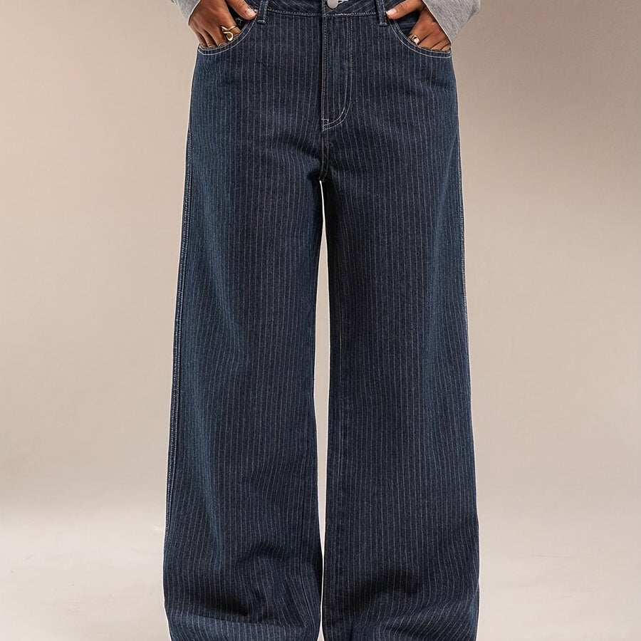 Damen Baggy Jeans dunkelblau mit Nadelstreifen weites Bein
