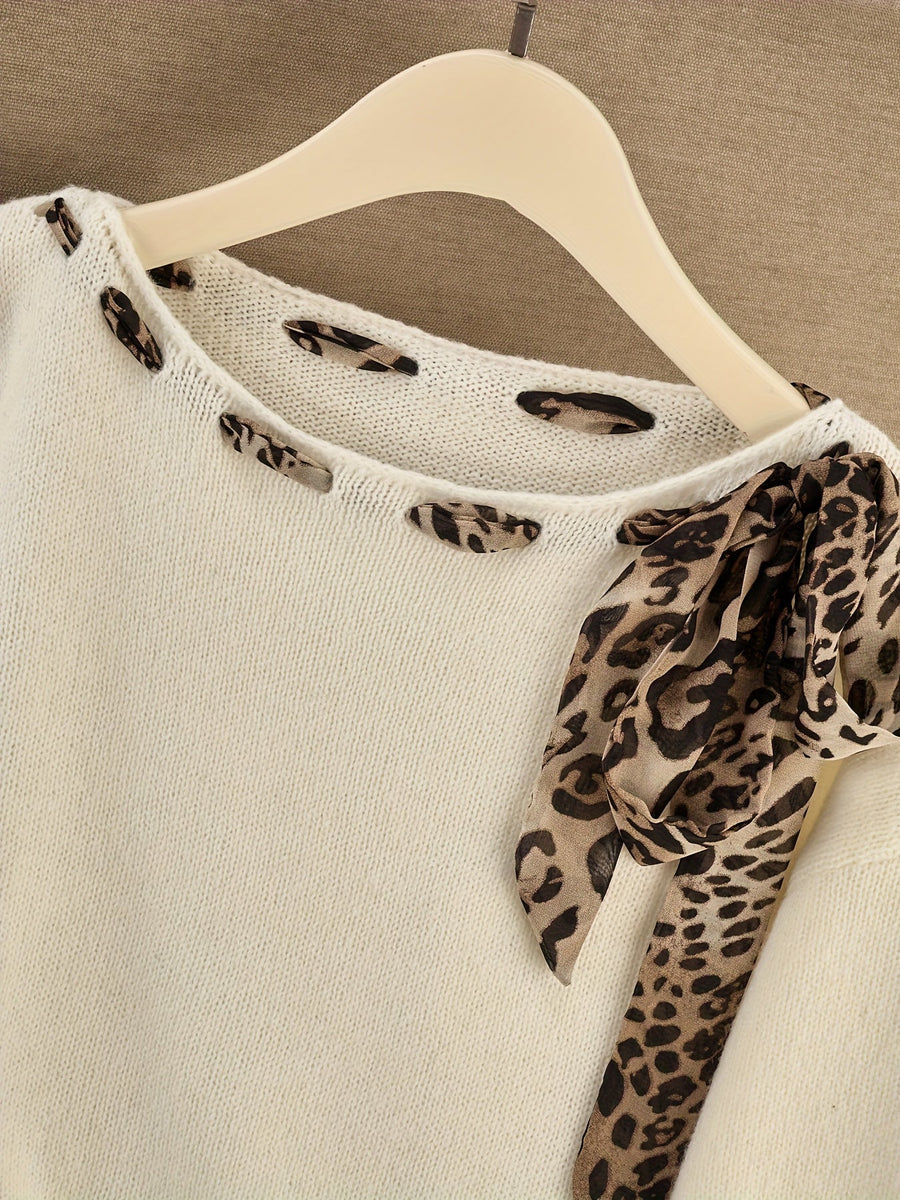 Damen Pullover mit Leopardenmuster Schal Ausschnitt Langarm Strickpullover