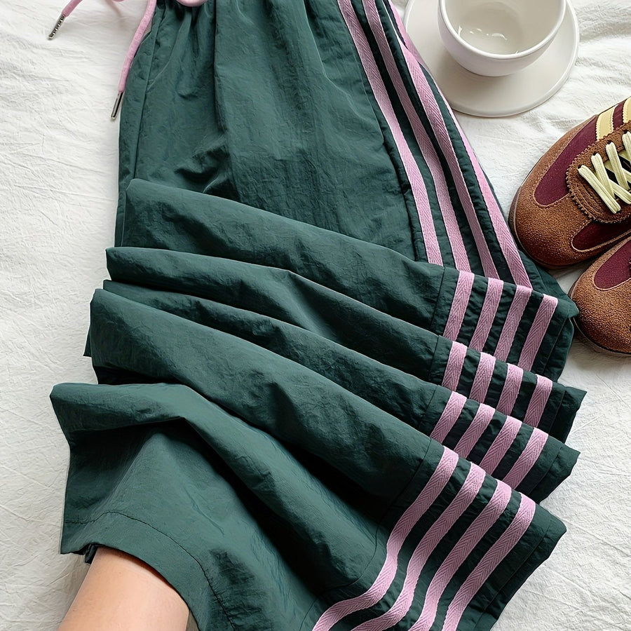 Damen Weitbeinige Sporthose mit Streifen und Kordelzug – Lässige Freizeithose für Alltag & Fitness