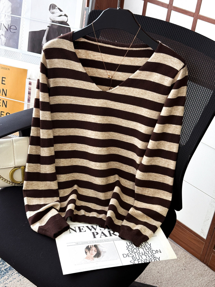 Damen Pullover Gestreift V-Ausschnitt Langarm Strick