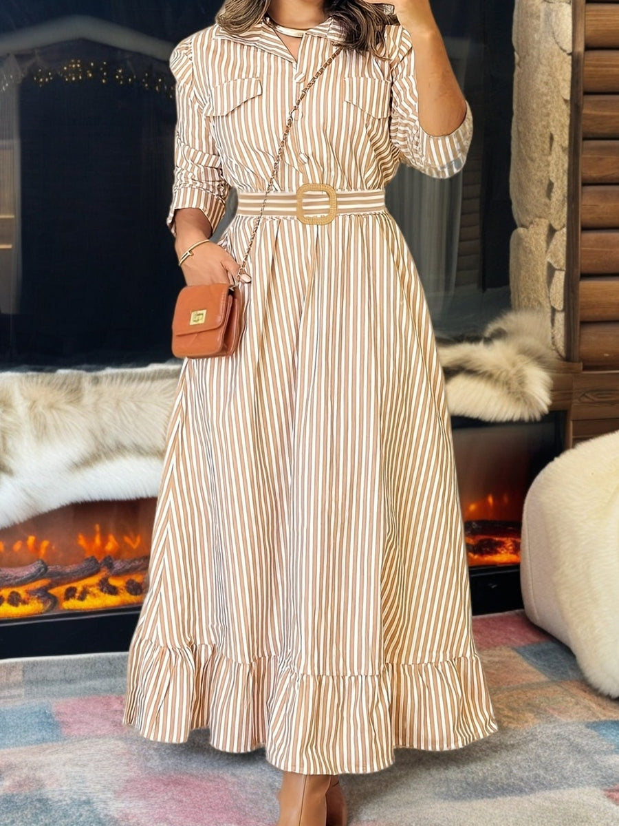 Damen Maxikleid Gestreift Creme Braun Hemdblusenstil Langarm mit Gürtel