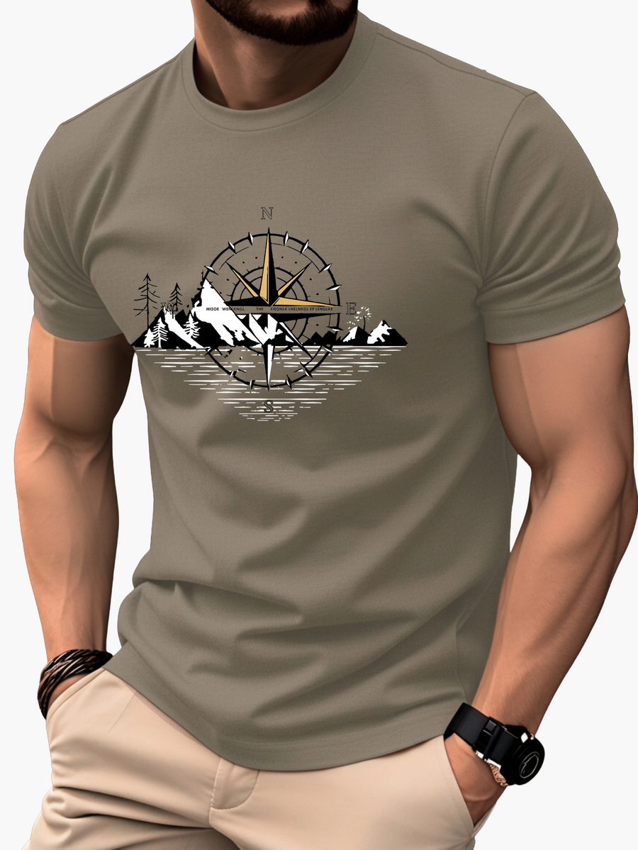 Herren T-Shirt mit Kompass- und Bergmotiv – Outdoor Abenteuer Stil