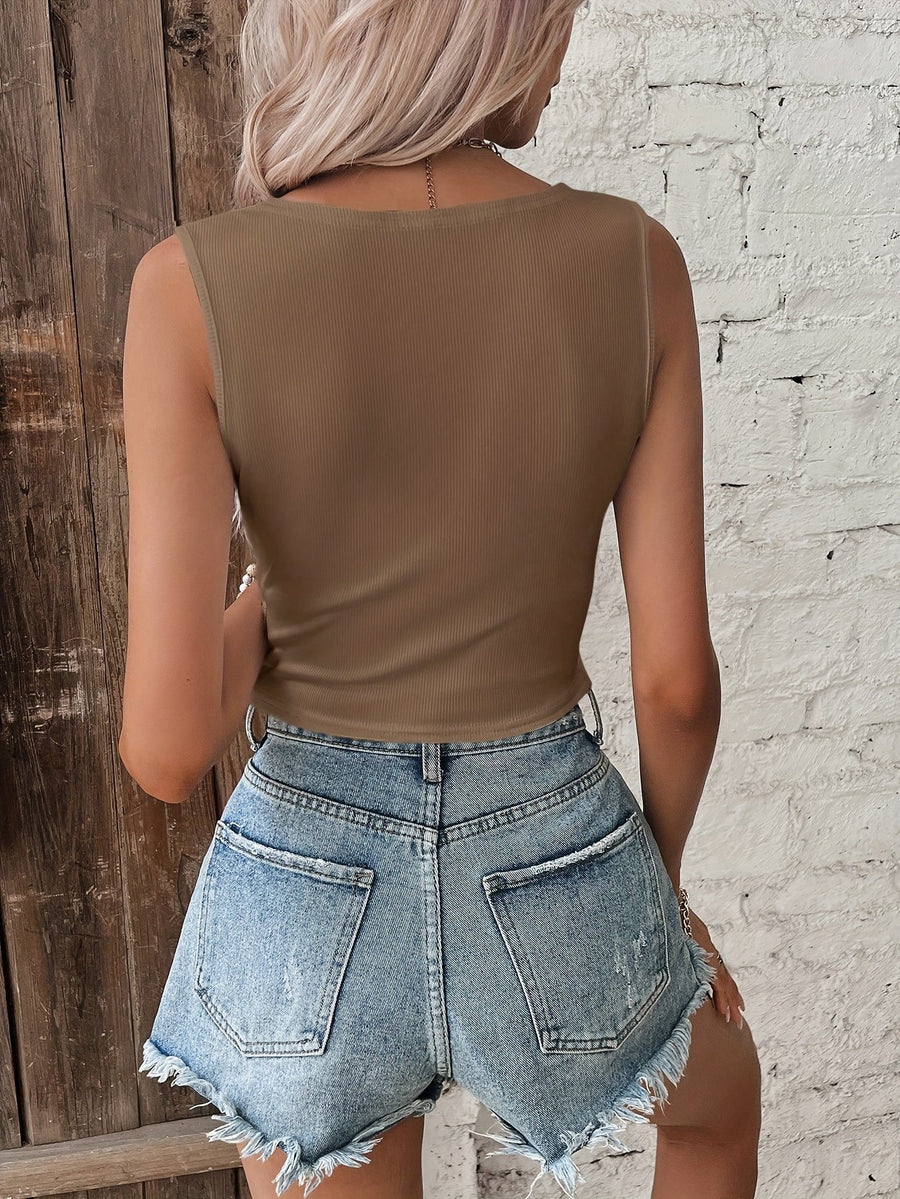 Damen Crop Top mit Knotendetail und V-Ausschnitt – Modisches Freizeit Oberteil