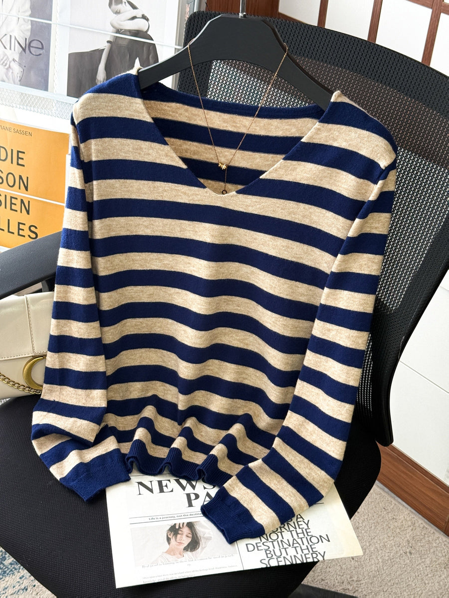 Damen Pullover Gestreift V-Ausschnitt Langarm Strick