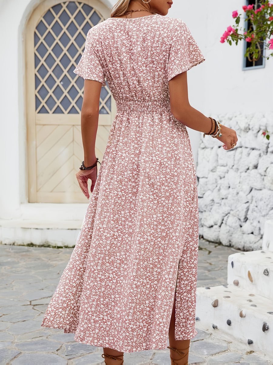 Damen Boho Maxikleid mit V-Ausschnitt und Blumenmuster – Elegantes Sommerkleid für Alltag und Urlaub