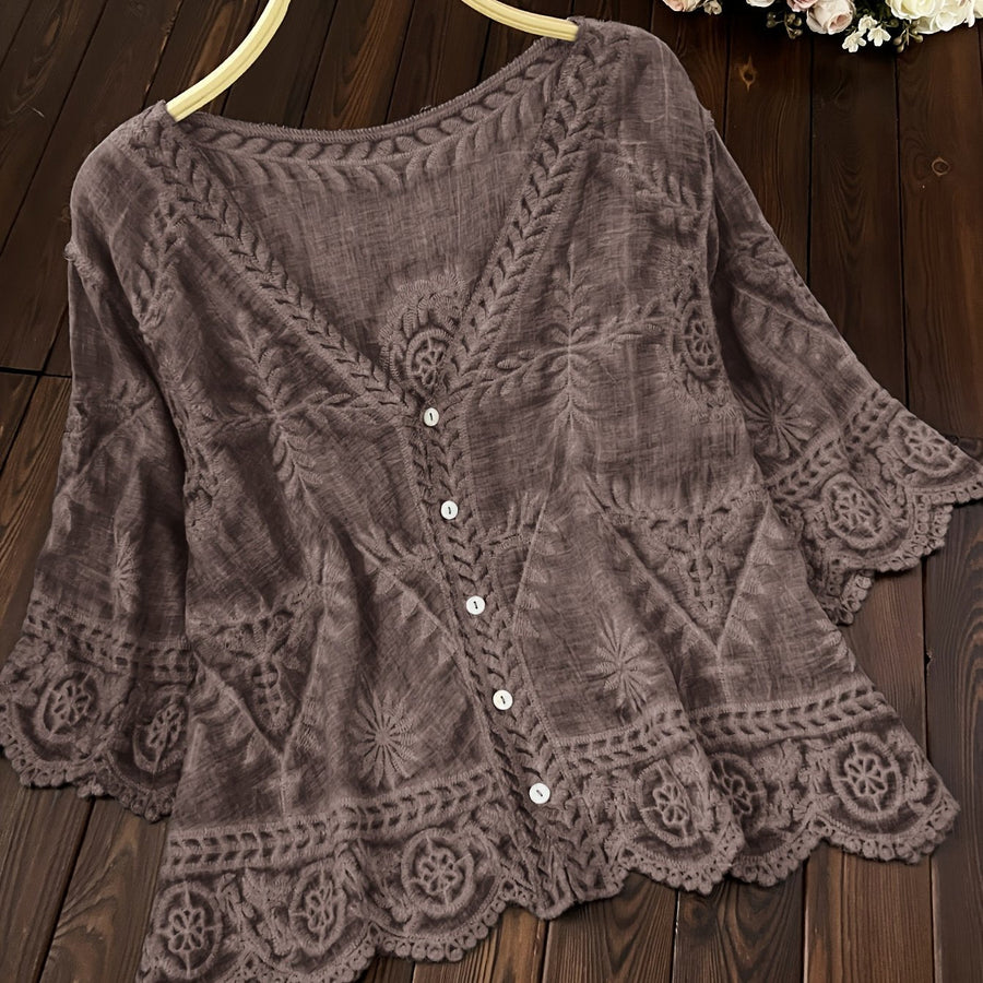 Damen Bluse Stickerei Knopfleiste V-Ausschnitt Tunika Oberteil Langarm Blusen