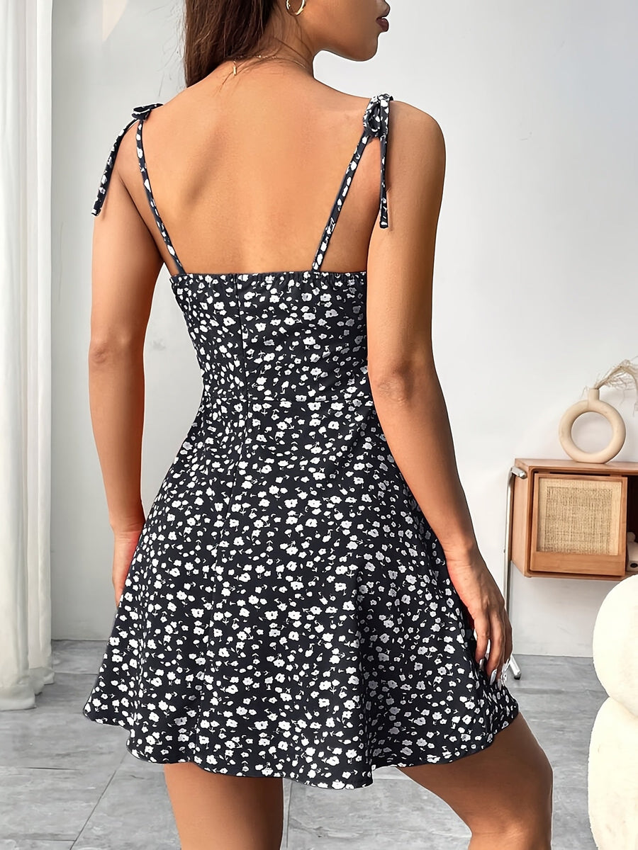 Damen Sommerkleid mit Blumendruck und Schleifen-Trägern – Verspieltes Freizeitkleid für Alltag und Urlaub