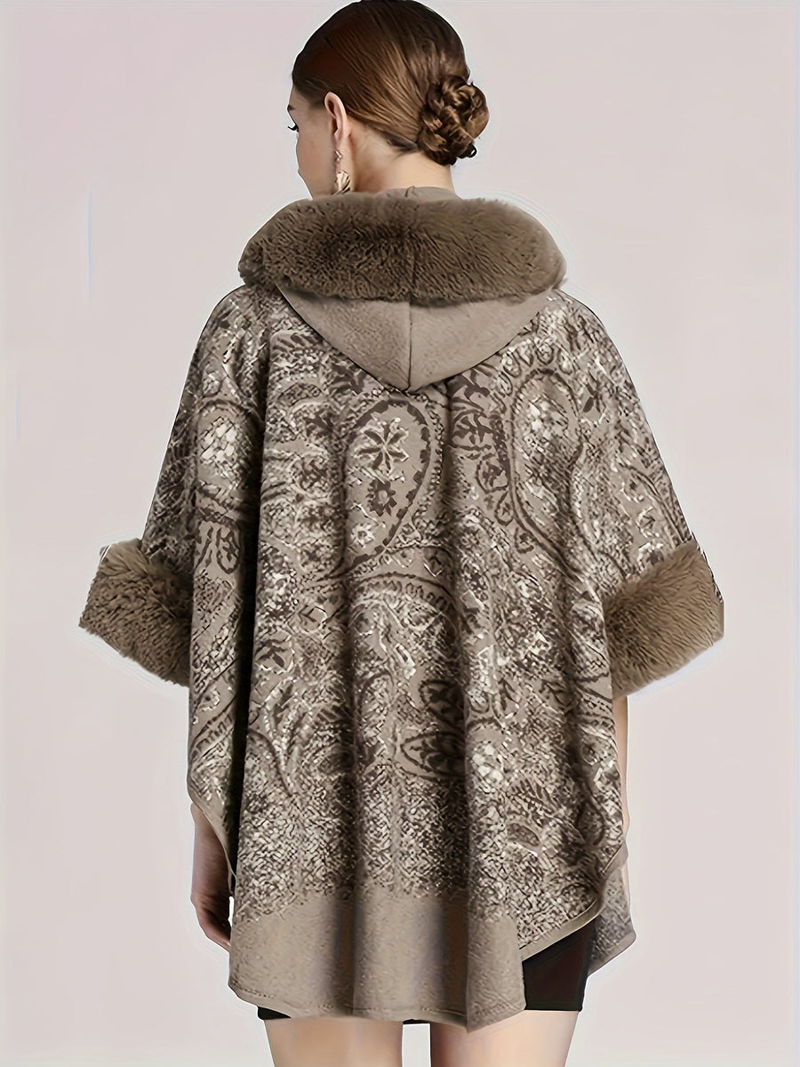 Damen Cape mit Kapuze, Pelzbesatz und Muster – Gemütlicher Umhang
